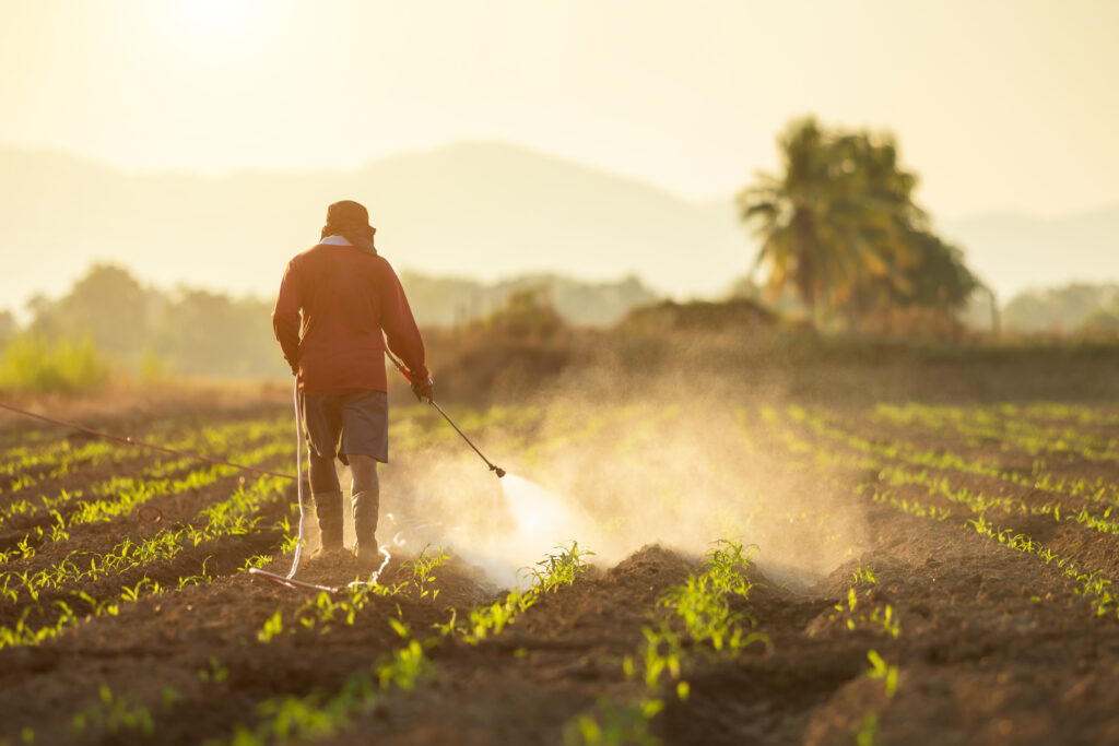 A farm worker sprays crops with herbicide.