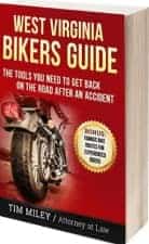 Book titled "West Virginia Bikers Guide" by Tim Miley. Cover features a motorcycle image and a badge for free accident advice.
