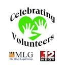 Logo featuring two hands inside a green heart with the text "Celebrating Volunteers." Below are logos for MLG, The Miley Legal Group, and 12 WBOY.