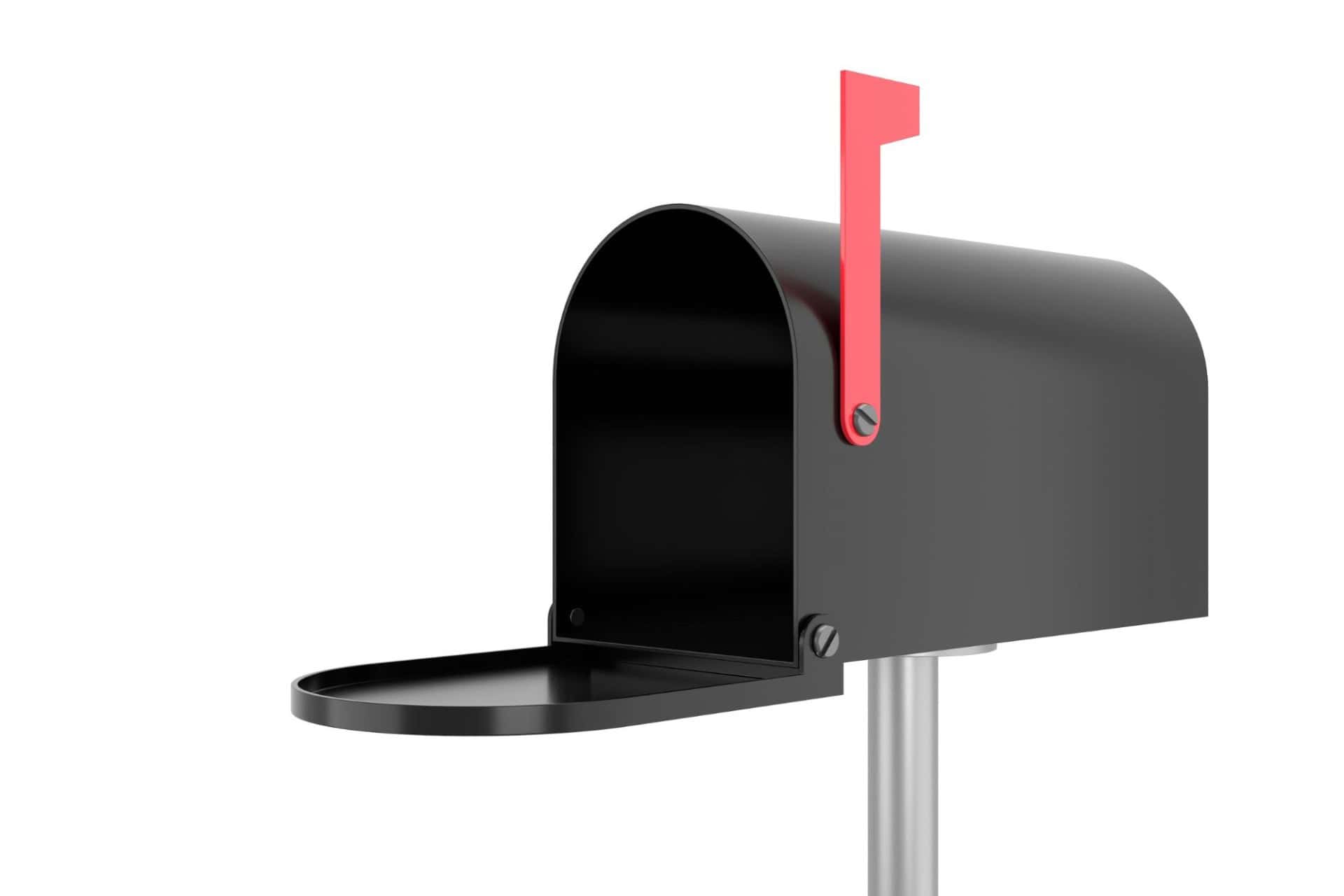 An open black mailbox with a raised red flag on a metal post, facing right, with its door hanging open.