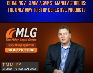 Man in a suit speaks in an advertisement for The Miley Legal Group, with text about bringing claims against manufacturers for defective products. Contact details are displayed.