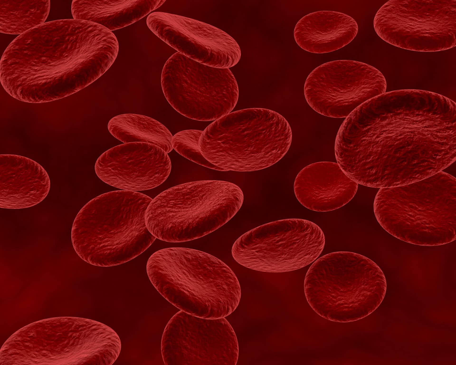A close-up illustration of red blood cells, depicted as smooth, disc-shaped cells floating against a dark red background.